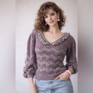 Vintage Hand Knit Metallic Purple Sweater Ruffle Collar Bubble Sleeve S/M